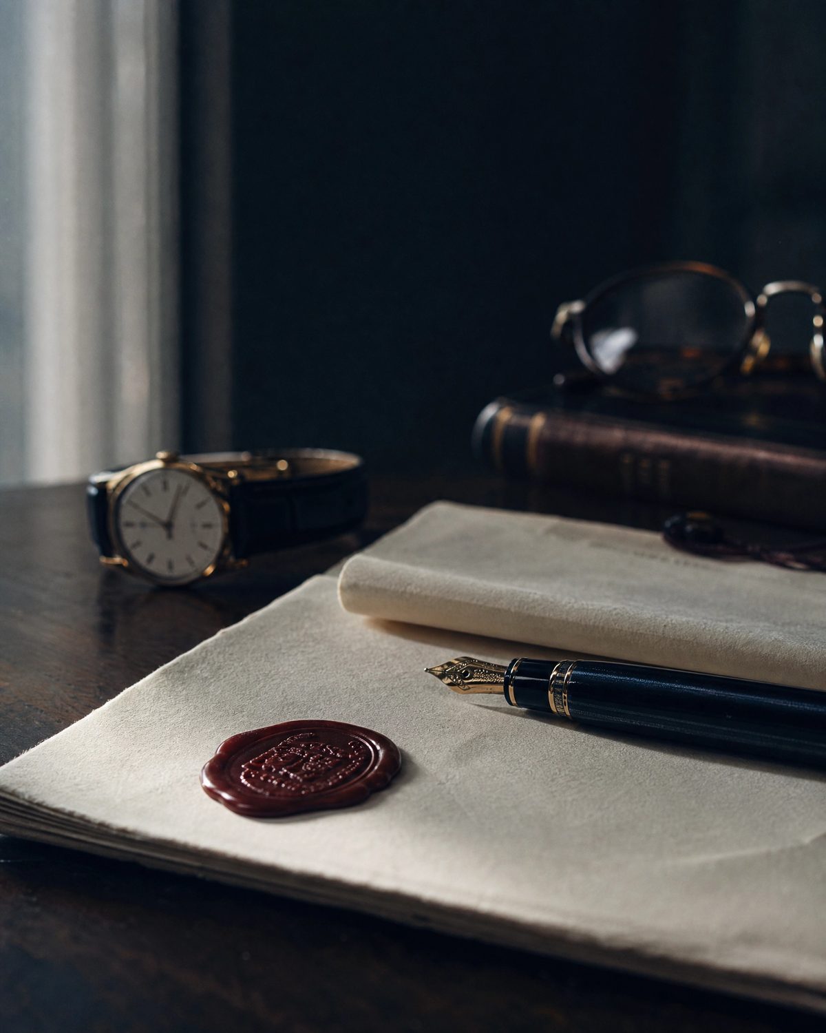 Detail of a sealed estate document with a fountain pen