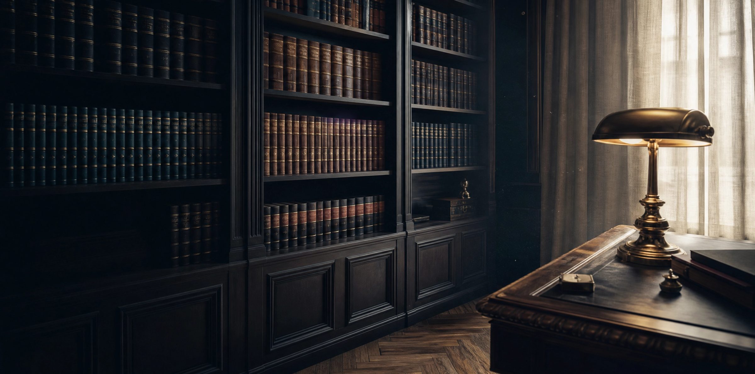 Bookshelves and a brass desk lamp inside the firm's Curzon Street office